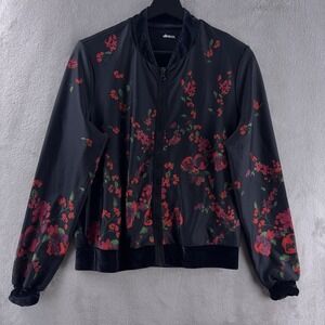 Ultracor Stealth Botanical Floral Bomber Jacket Womens Size XS Black Red Velvet‎